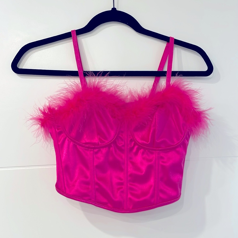 NWOT hot pink satin feather bustier top